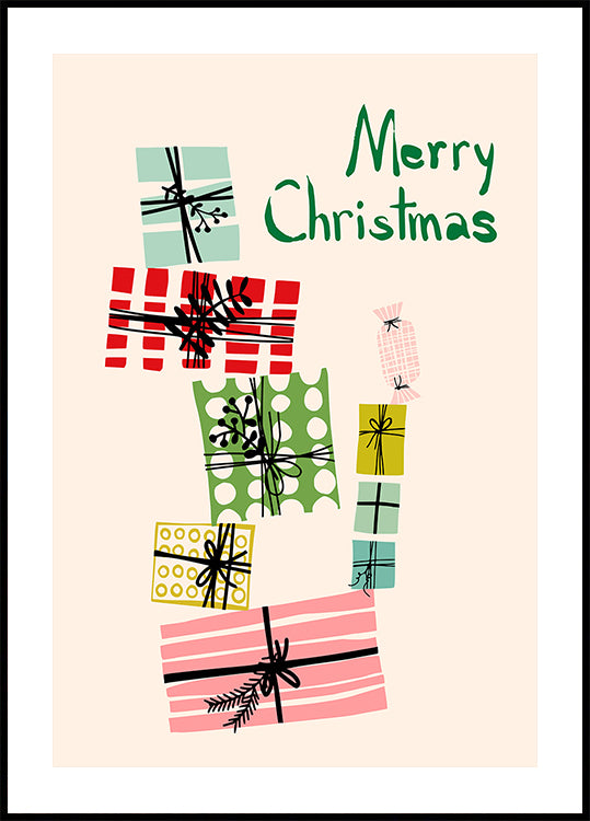 Wobbly pile of Christmas presents Poster
