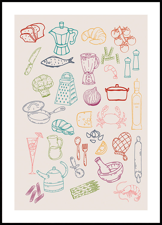 Kitchen Collage, Colorful Cooking Ingredient Icons Poster