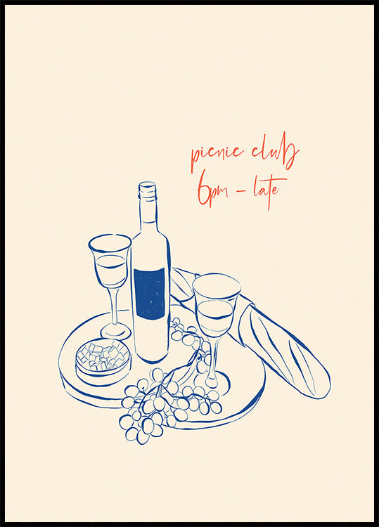 Picnic Club Print, Wine and Cheese Poster