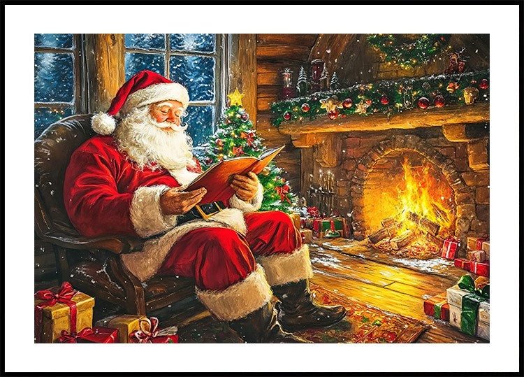 Santa Claus Reading by the Fireplace Poster