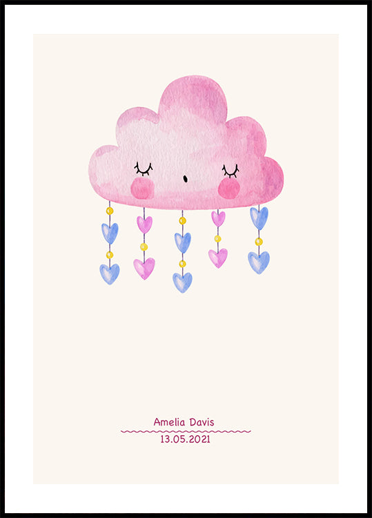 Pink Watercolor Cloud, Personalized Baby girl Poster