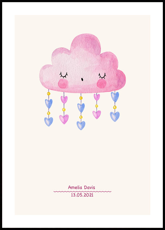 Pink Watercolor Cloud, Personalized Baby girl Poster