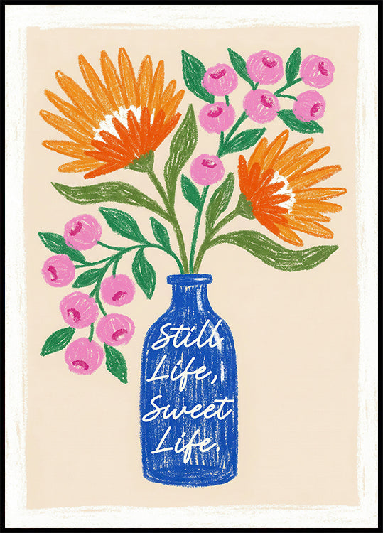 Orange Flowers in Blue Vase Poster