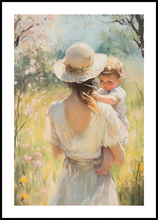Mother and Child in Floral Meadow, Vintage Style Kids Poster