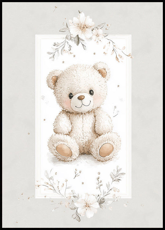 Soft Teddy Bear Floral Nursery Pastel Poster