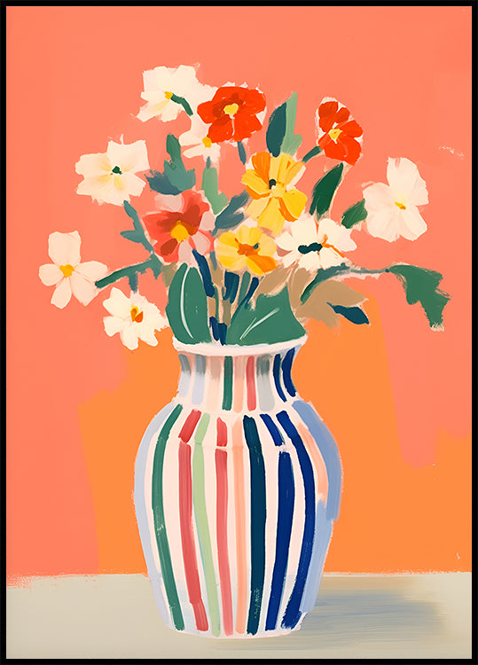 Wildflowers, Striped Vase, Coral Background Poster