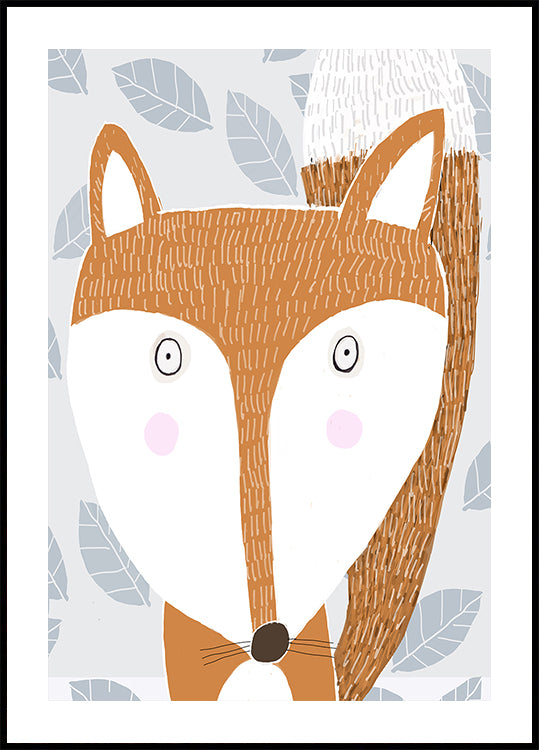 Cute Red Fox with Grey Leaf Poster