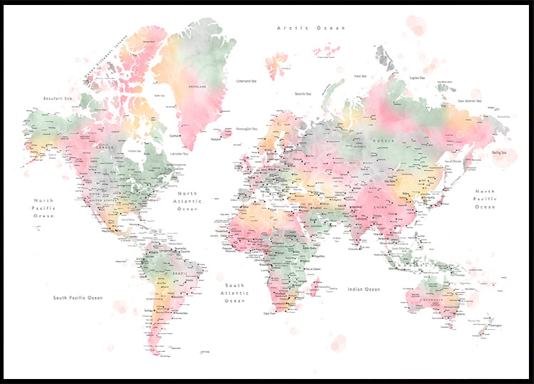 Pastel watercolor world map with cities, Anjah
