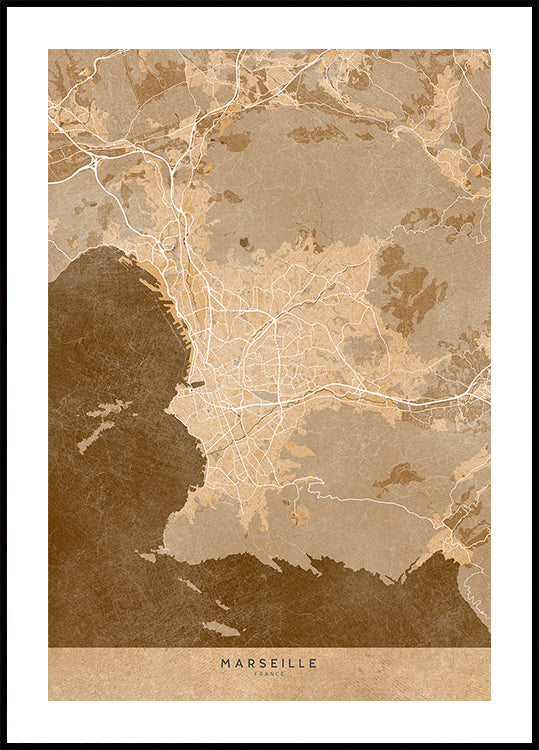 Sepia vintage map of Marseille France Poster