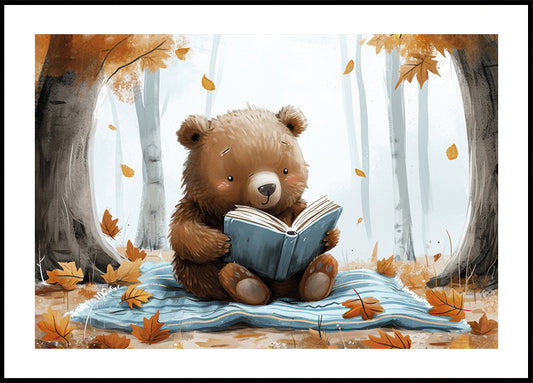 Bear Reading in Autumn Forest Poster