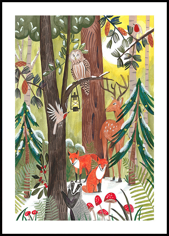 Green Christmas forest with animals