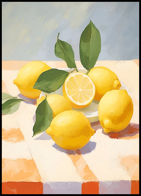 Lemons on Checkered Table, citrus fruit Poster