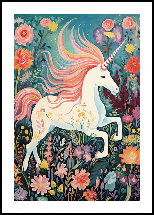 Magical Unicorn In Floral Meadow Poster