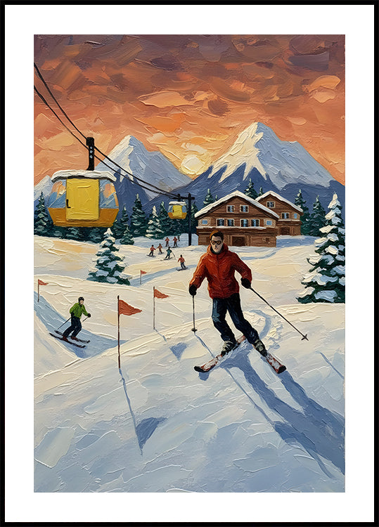 Skiing at sunset Poster