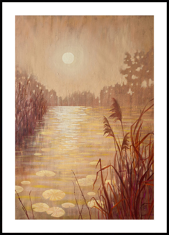 Pond With Reeds At Sunset Poster