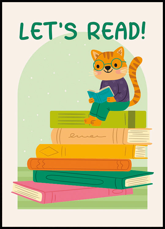 Cat Reading On Book Stack, Let’s Read Poster