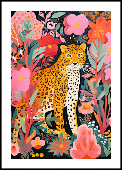 Colorful Leopard and Flowers Poster