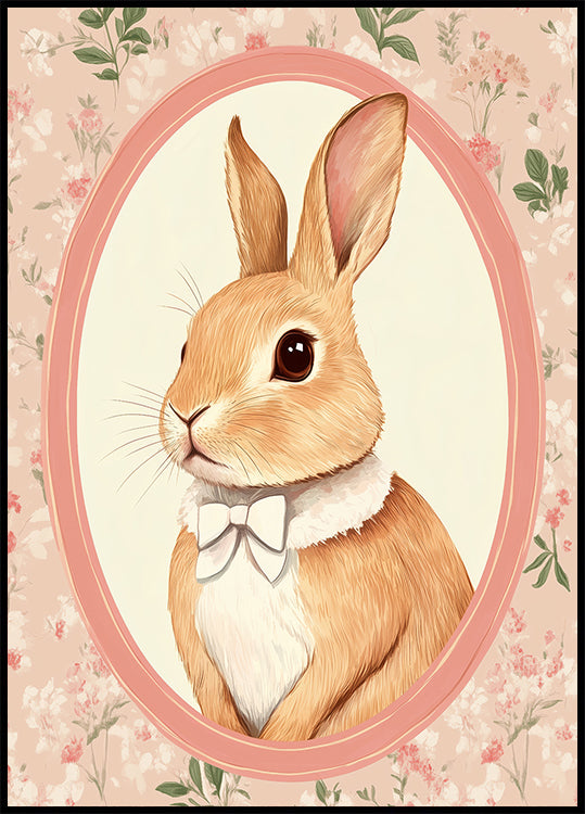 Dapper Bunny White Bow Floral Portrait Poster