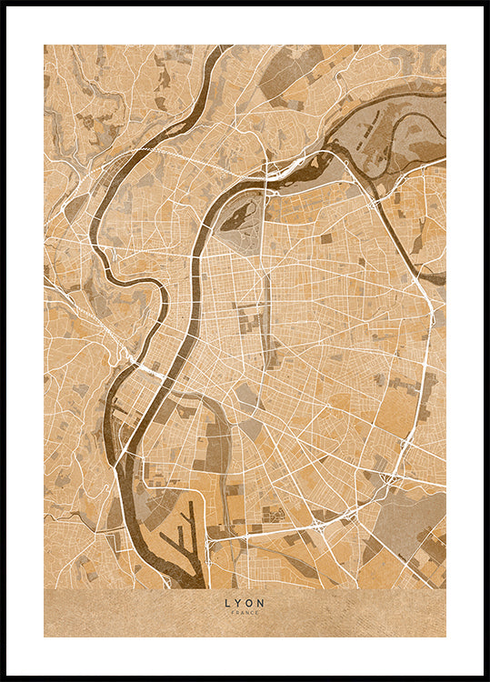 Sepia vintage map of Lyon France Poster