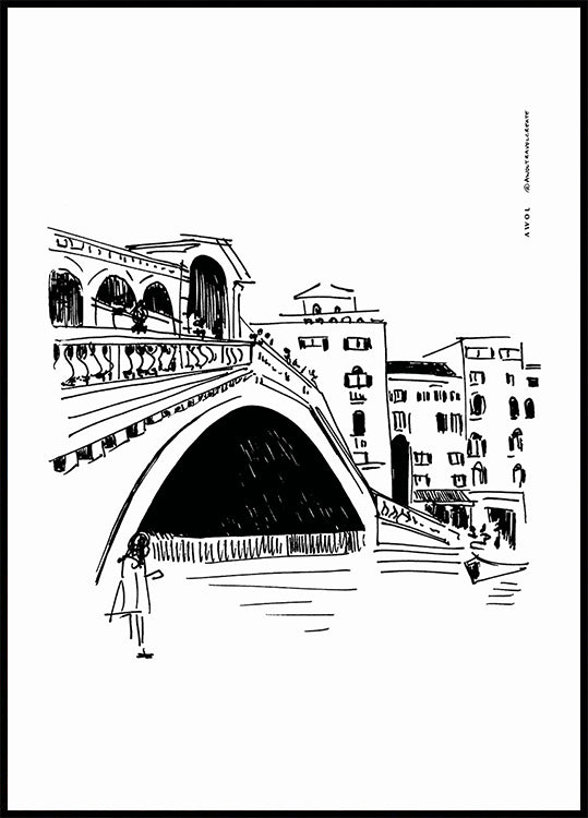 Rialto Bridge, Venice Illustration, Italy City Art Print Poster