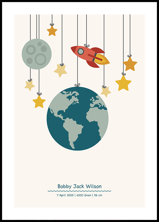 Rocket And Planets, Personalized Baby Boy Poster