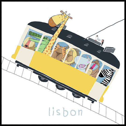 Famous Lisbon Yellow Tram with Jungle Animals by Carla Daly Poster