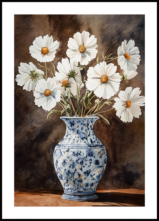 White Cosmos in Delft Vase, Floral Still Life Poster