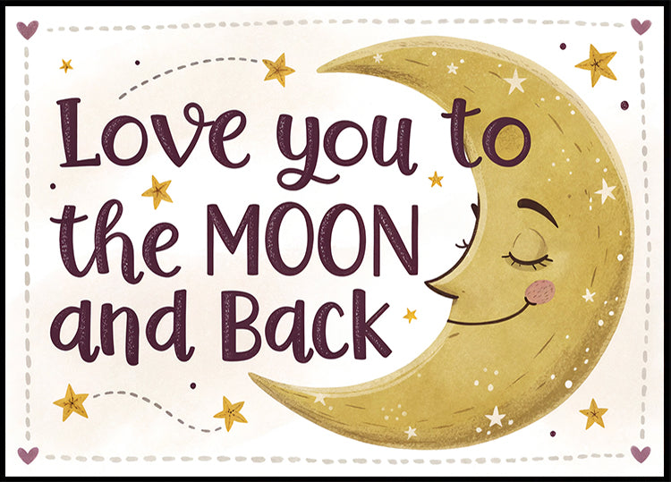To The Moon And Back Handdrawn Print | Cute Moon Wall Art, Retro Nursery Quote, Whimsical Childrens Bedroom Decor, Fun Retro Mid Century Art Poster