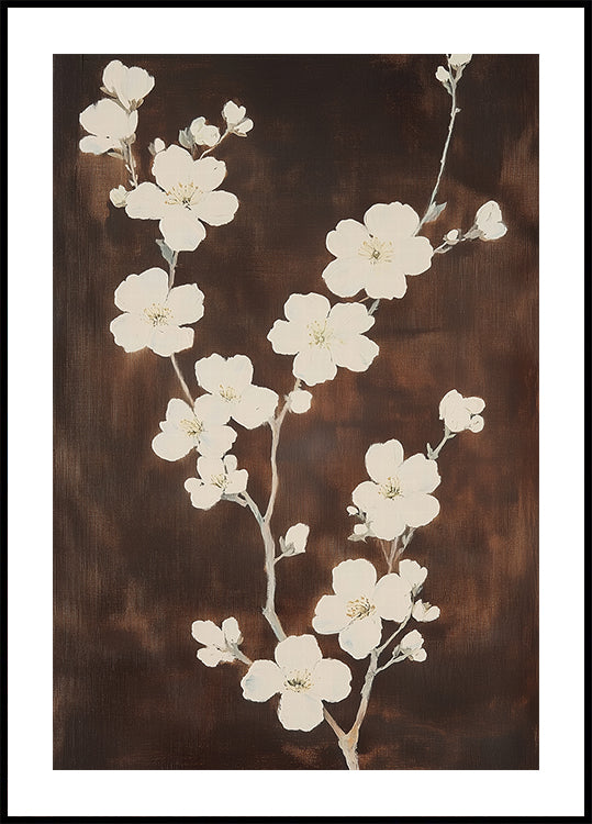 White Cherry Blossom Brown Background Poster