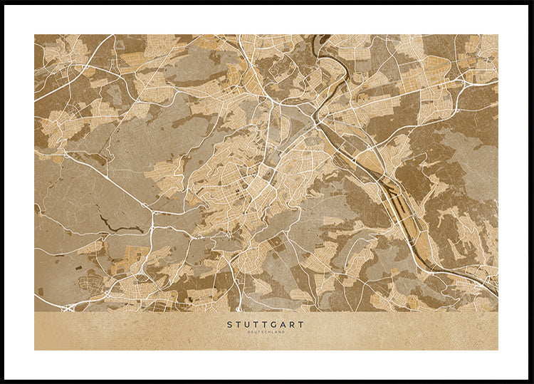 Sepia vintage map of Stuttgart downtown Germany Poster
