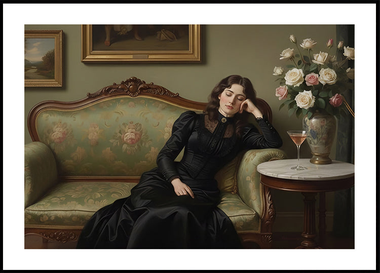 Victorian Woman Martini Oil Painting Print, Dark Academia Decor, Vintage Gothic Wall Art, Cocktail Bar Cart Art, Baroque Portrait Print Poster