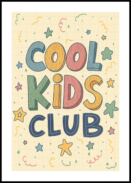 Cool kids club print in with stripey blue background, scalloped kids retro bedroom playroom, scandi nursery decor