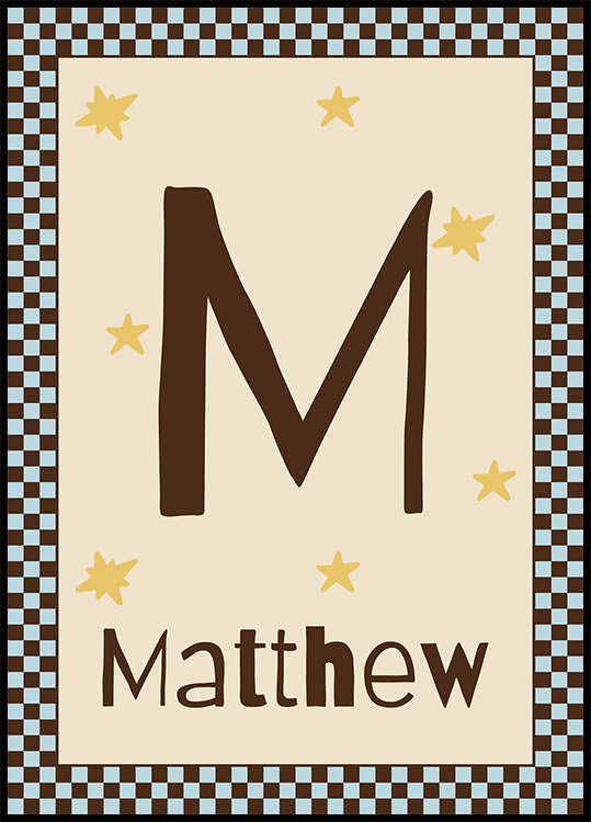 Personalized Baby Name Blue Checkered Star Poster
