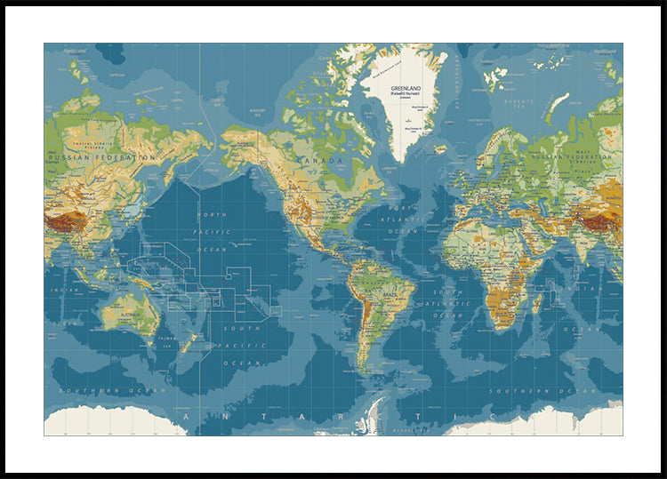 Detailed Physical World Map Poster