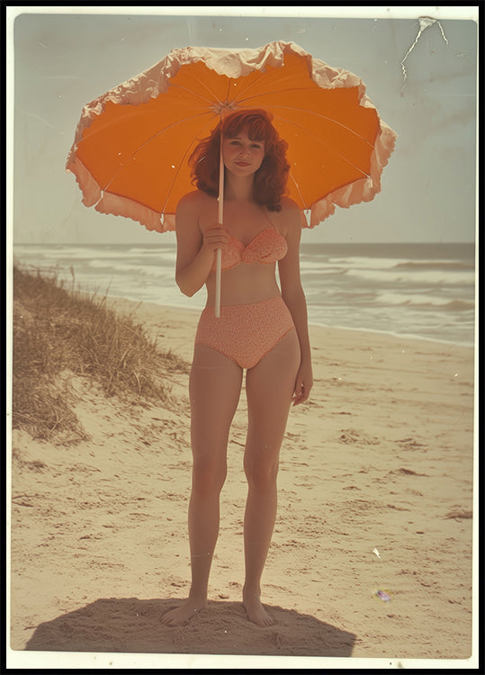 Retro Nostalgic Summer Girl Holding  Sun Umbrella Poster