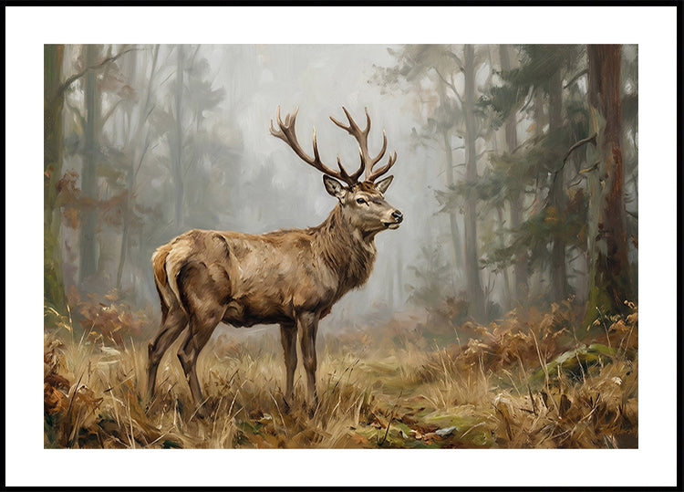 Rustic Deer Landscape Painting for Man Cave Hunting Decor Dark Brown Wall Art Cabin Decor Vintage Woodland Room Antique Forest Art Print Poster