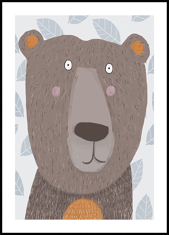 Cute Brown Bear with Grey Leaf Poster