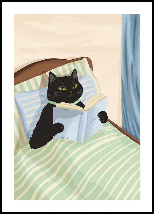 Cat Reading Print – Black Cat Wall Art, Cosy Bedroom Poster, Book Lover Cat Illustration, Cat in Bed Print, Reading Decor, Cat Book Art Poster