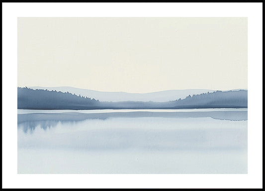 Misty Blue Lake, Tranquil Watercolor Landscape Poster