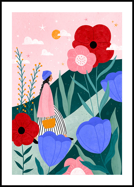 Woman Walking in Flower Garden