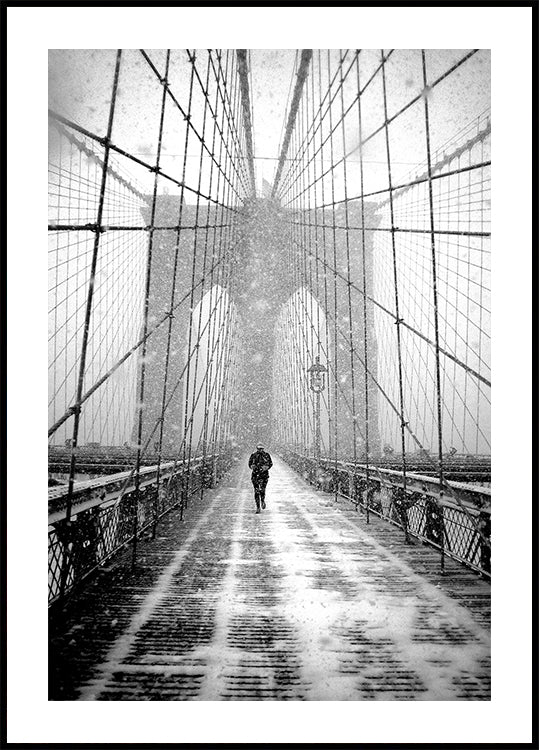 New York Walker in Blizzard - Brooklyn Bridge Poster