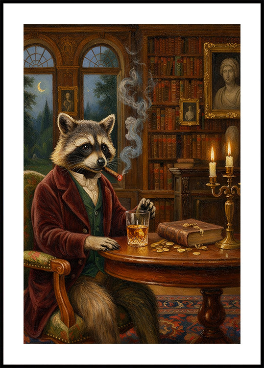 Smoking Raccoon Wall Art Funny Animal Whisky Lover Decor Moody Dark Humor Matte Poster