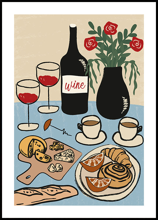 Dinner Table, French Wine and Cheese Setting Poster