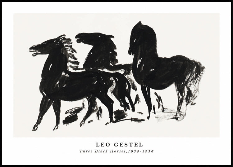 Three Black Horses, Dynamic Ink Sketch By Leo Gestel 1935–1936 Poster
