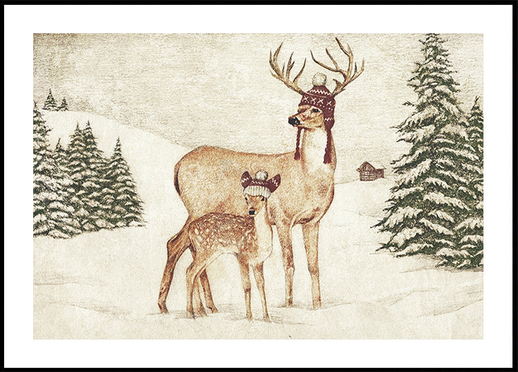 Deer Wearing Cozy Hats Poster