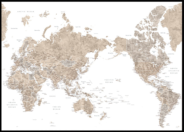 Pacific centered world map in taupe Poster