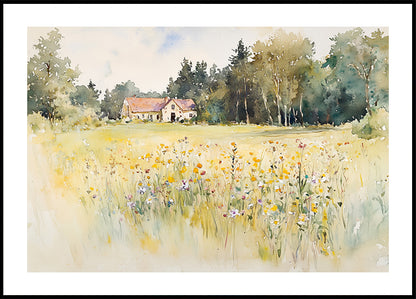 Wildflower Meadow, Country Cottage, Summer Landscape Watercolor Poster