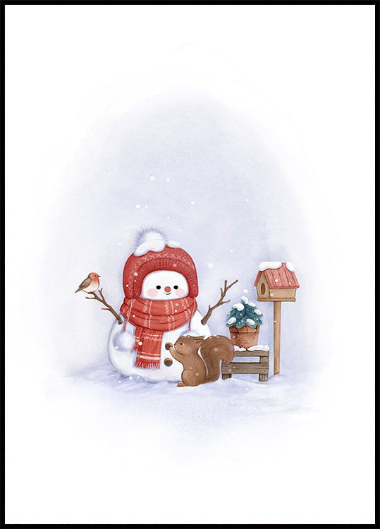 Snowman & Squirrel Winter Scene Poster