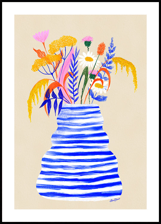 Happy Floral Vase with Stripes Poster