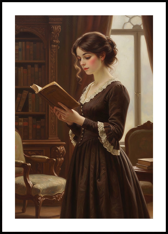 Victorian Woman Reading Bookish Wall Art Print, Book Lover Gift, Library Art Print, Dark Academia Decor Poster